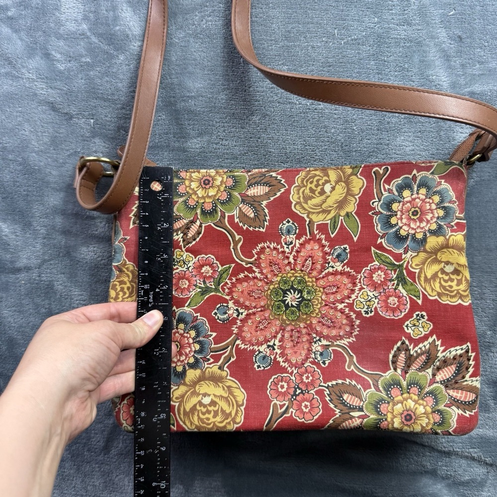 Floral Beaded Canvas Shoulder Bag Red Boho Tapestry Print Zip Top Purse - Picture 8 of 12